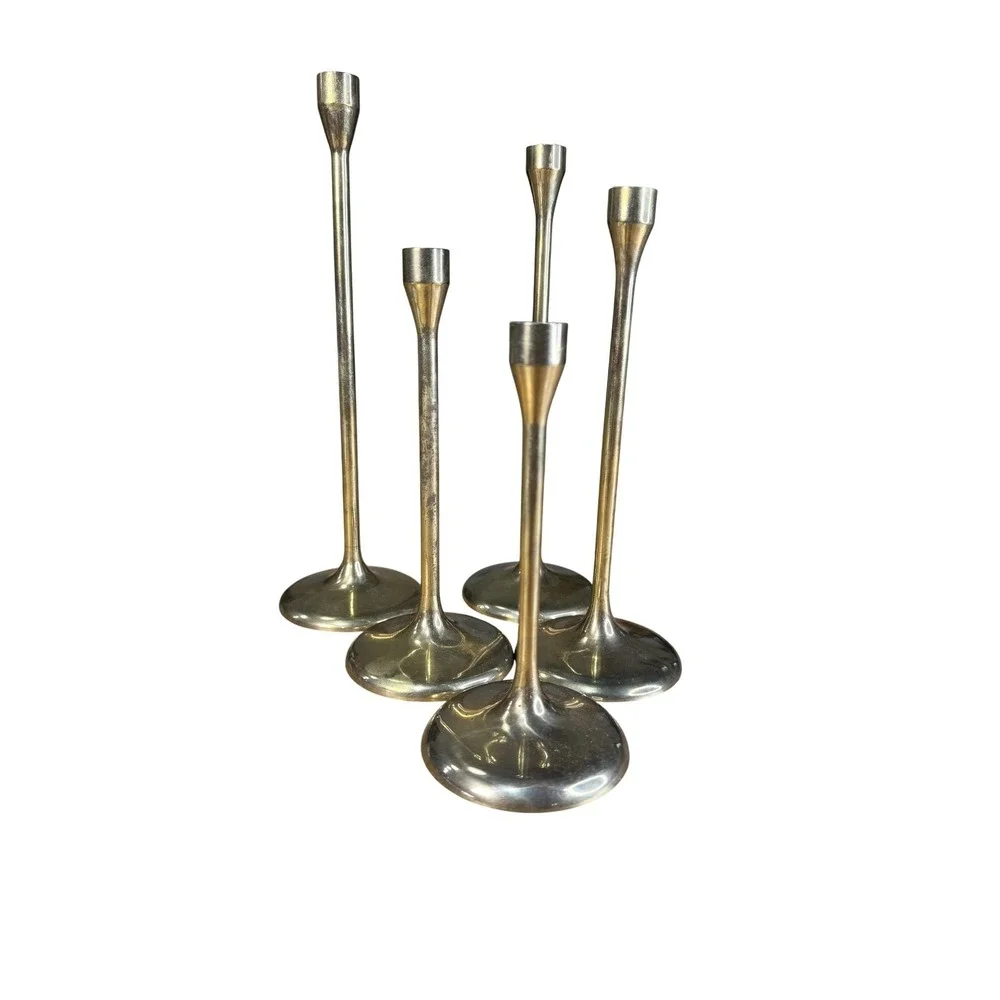 Brass & Copper Collection Cobalt Candlestick‎ Holders Set 5 Gold MCM Vintage